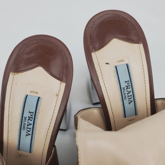 Prada Milano tan/brown leather chunky heel Open toe bootie size 38.5 - Picture 8 of 10